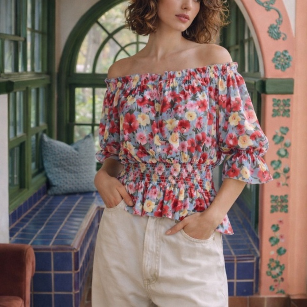 L'AGENCE Aubriella floral off shoulder keyhole neck top - Picture 12 of 12